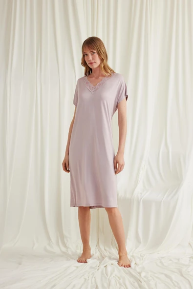 Yakası Dantelli Kısa Kollu Gecelik - Resim 2