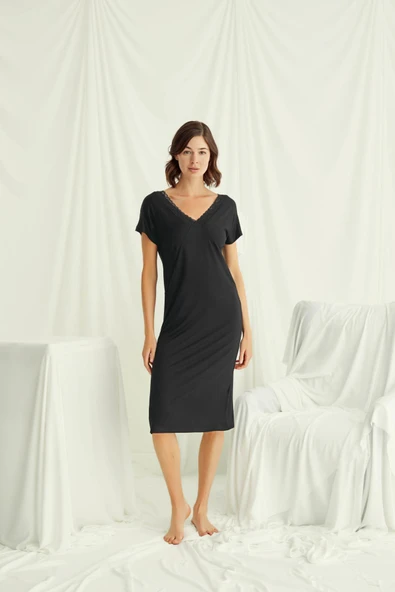 Yakası Dantelli Kısa Kollu Gecelik - Resim 2