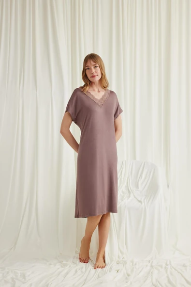 Yakası Dantelli Kısa Kollu Gecelik - Resim 2