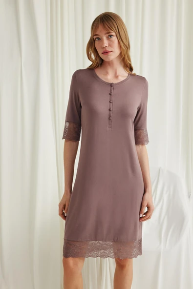 Dantel Detaylı Kısa Kollu ve Önü Düğmeli Gecelik - Resim 5