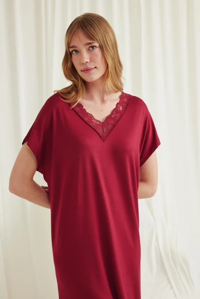 Yakası Dantelli Kısa Kollu Gecelik - Resim 4