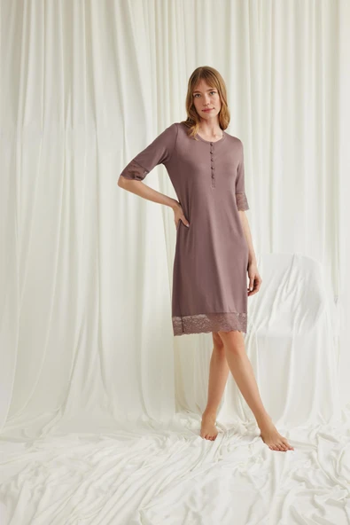 Dantel Detaylı Kısa Kollu ve Önü Düğmeli Gecelik - Resim 4