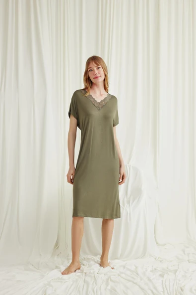 Yakası Dantelli Kısa Kollu Gecelik - Resim 2