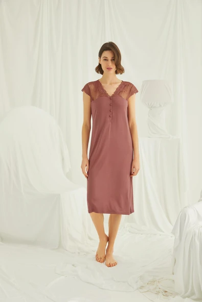 Yakası Kolu ve Omzu Brode Dantelli Önü Düğmeli Gecelik - Resim 4