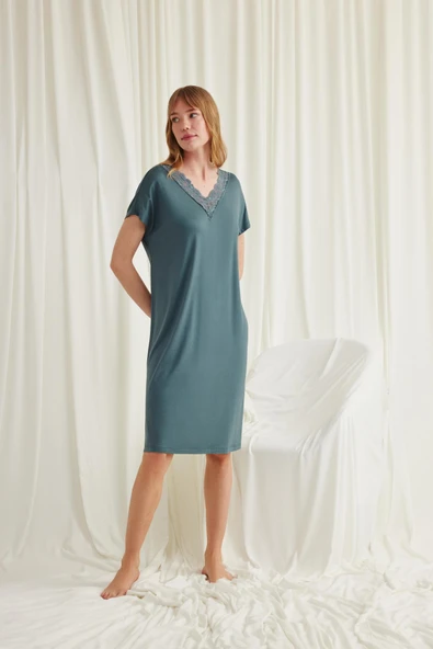 Yakası Dantelli Kısa Kollu Gecelik - Resim 2