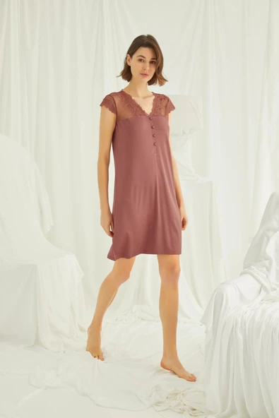 Yakası Kolu ve Omzu Brode Dantelli Önü Düğmeli Gecelik - Resim 4