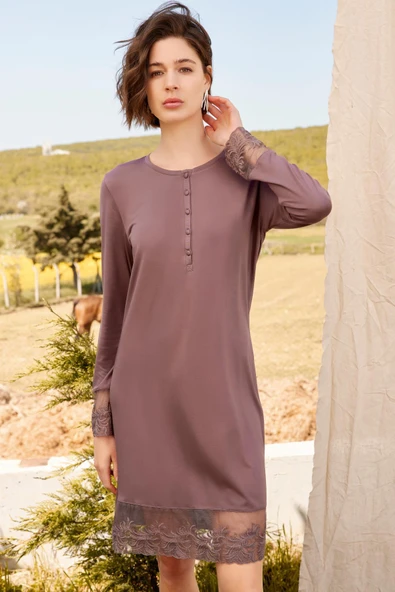 Uzun Kollu Dantel Detaylı ve Önü Düğmeli Gecelik - Resim 4