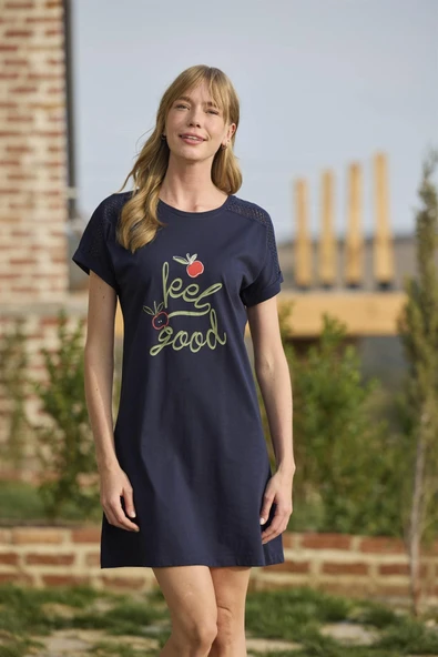 Meyve ve Yaprak Baskılı Dantelli "Feel Good" Gecelik - 2