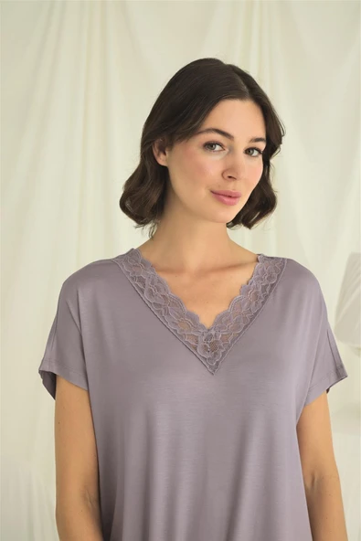 Yakası Dantelli Kısa Kollu Gecelik - Resim 5