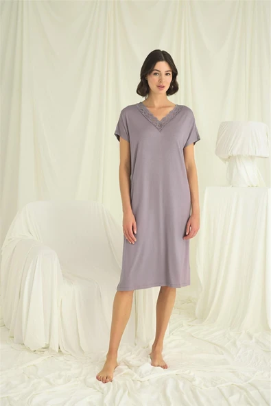 Yakası Dantelli Kısa Kollu Gecelik - Resim 2