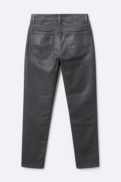 Kadın Yüksek Bel Parlak Mum Kumaş Wide Leg Jean Pantolon - Resim 3