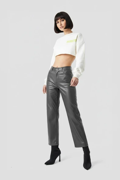 Kadın Yüksek Bel Parlak Mum Kumaş Wide Leg Jean Pantolon - Resim 2