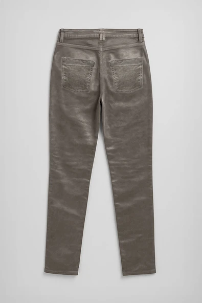 Kadın Yüksek Bel Parlak Mum Kumaş Straight Fit Jean Pantolon - Resim 4