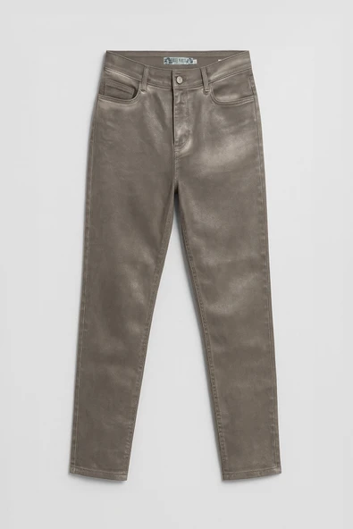 Kadın Yüksek Bel Parlak Mum Kumaş Straight Fit Jean Pantolon - Resim 3