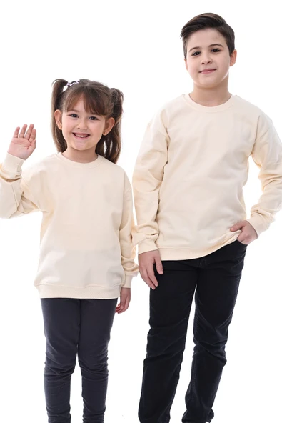 Basic Bisiklet Yaka Şardonlu Çocuk Sweatshirt 3-10 Yaş Krem - Resim 2