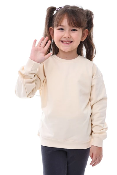 Basic Bisiklet Yaka Şardonlu Çocuk Sweatshirt 3-10 Yaş Krem - Resim 10