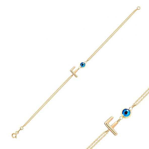 14k Altın Nazar Boncuklu F Harfli Bileklik - Resim 2