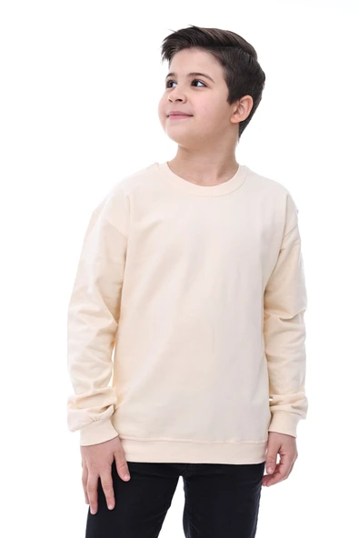 Basic Bisiklet Yaka Şardonlu Çocuk Sweatshirt 3-10 Yaş Krem ürün görseli