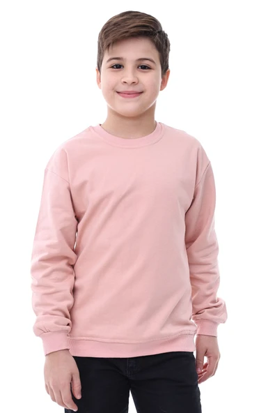 Basic Bisiklet Yaka Şardonlu Çocuk Sweatshirt 3-10 Yaş Pudra - 3