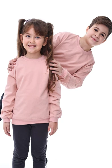 Basic Bisiklet Yaka Şardonlu Çocuk Sweatshirt 3-10 Yaş Pudra - 2