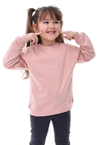 Basic Bisiklet Yaka Şardonlu Çocuk Sweatshirt 3-10 Yaş Pudra - 1