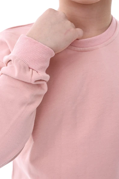 Basic Bisiklet Yaka Şardonlu Çocuk Sweatshirt 3-10 Yaş Pudra - 4