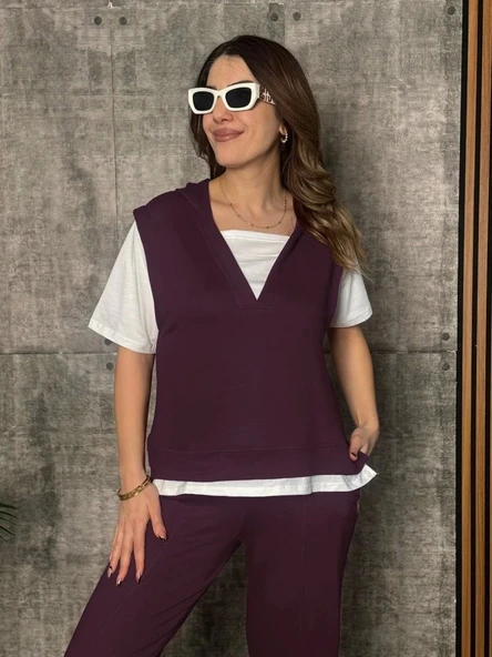 Kadın Kısa Kollu V Yakalı Kapşonlu Viskon Iki Iplik Bluz Ve Pantolon Takım - 3