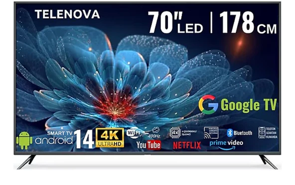 Telenova 70 İnç 178 Ekran 4K Ultra HD Android 14, Smart TV LED HDR WiFi Netflix & YouTube Destekli