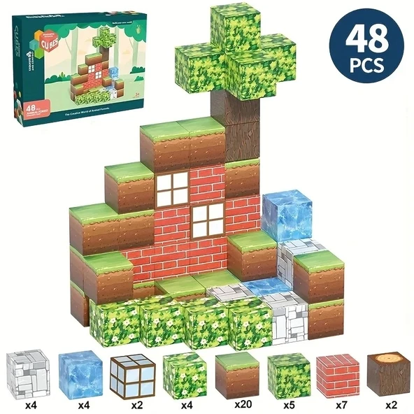 Minecraft 48 Parça Manyetik Mıknatıslı Küpler Çocuklar İçin Eğitici Yapı Oyuncakları
