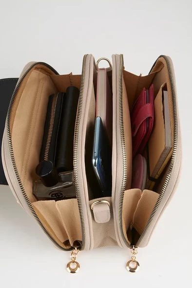 Kadın Bej Çok Cepli Kapaklı Kolon Askılı Fermuar ve Çıt Çıt Kapama El Kol Ve Omuz Çantası - 5