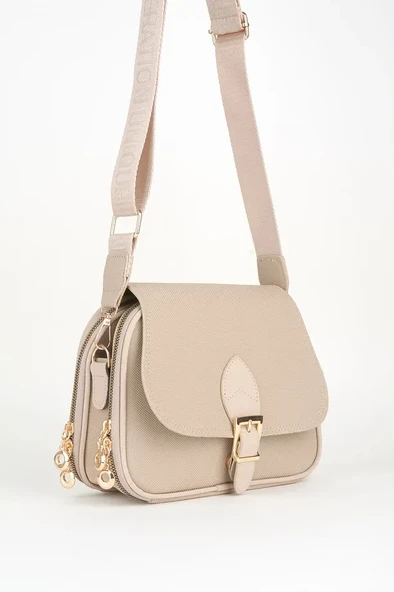 Kadın Bej Çok Cepli Kapaklı Kolon Askılı Fermuar ve Çıt Çıt Kapama El Kol Ve Omuz Çantası