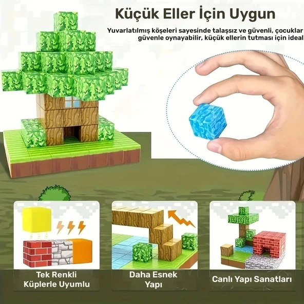 Minecraft 104 Parça Manyetik Mıknatıslı Küpler Çocuklar İçin Eğitici Yapı Oyuncakları - 3