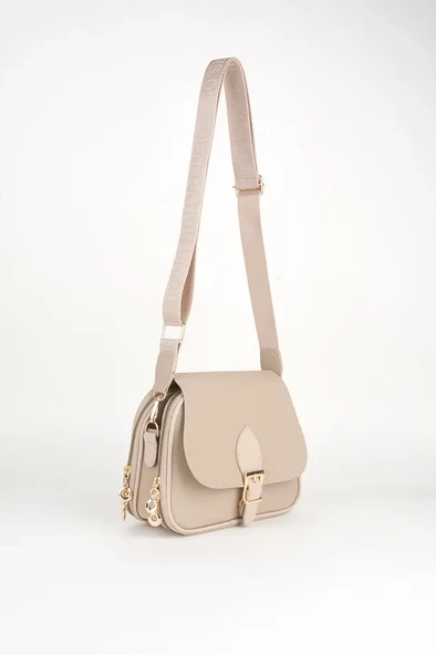 Kadın Bej Çok Cepli Kapaklı Kolon Askılı Fermuar ve Çıt Çıt Kapama El Kol Ve Omuz Çantası - 2