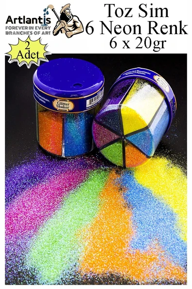 Neon Fosforlu Toz Sim 6 Renk 120 gr 2 Adet Tuzluklu Karışık 6 lı Renkli Canlı Neon Toz Sim Büyük Epoksi Reçine - 1