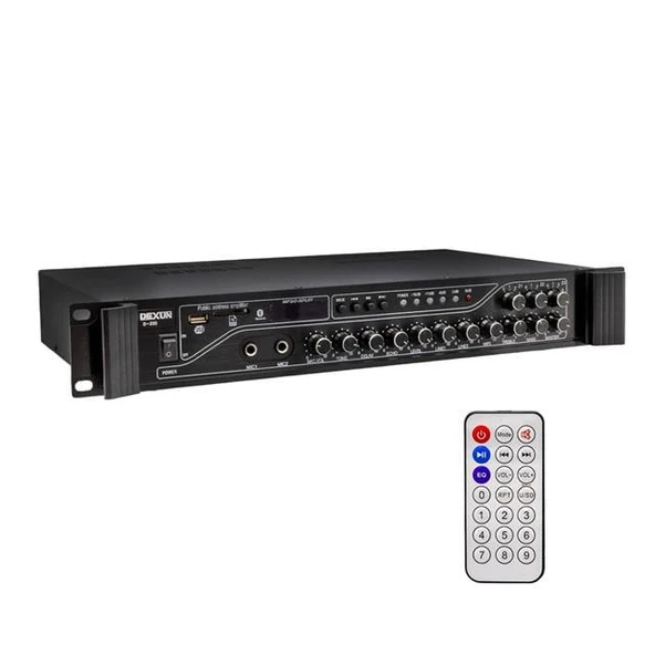Dexun D-230 250 Watt 3 Zone İki Mikrofon Girişli Hat Trafolu Anfi  Usb-Bt 4/16-70-100V