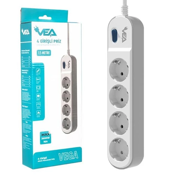 Vea VE-VEGA104 A Class 4'Lü Anahtarlı 1.5 Metre Akım Korumalı Priz - 4