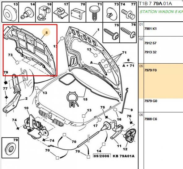 PEUGEOT 206 MOTOR KAPUT KEÇESİ İZALATÖRÜ OEM NO:7979.F0 7979.K8 - 2