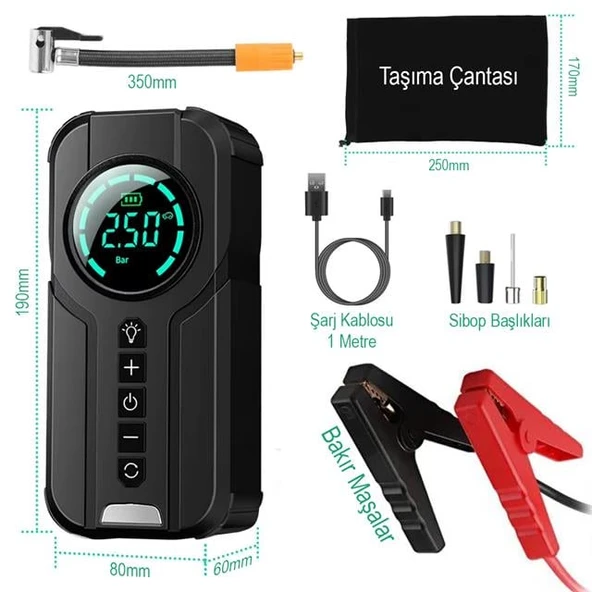 Powermaster Powerbank Araç Akü Şarj Lastik Hava Kompresörü Şişirici Taşınabilir Dijital Kablosuz El Feneri - 3