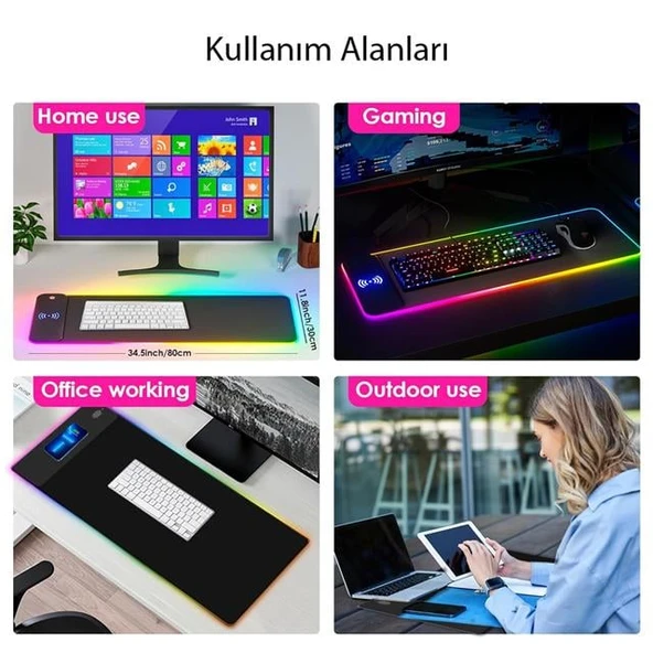 Powermaster PM-25115 XL RGB Gaming Mouse Pad Wireless Telefon Şarj Destekli 14 Modlu - 6