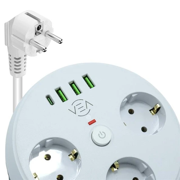 Vea VE-26583 3'LÜ 1.5 Metre Kablolu 3 USB / TYPE-C Girişli Akım Korumalı Grup Priz - 3