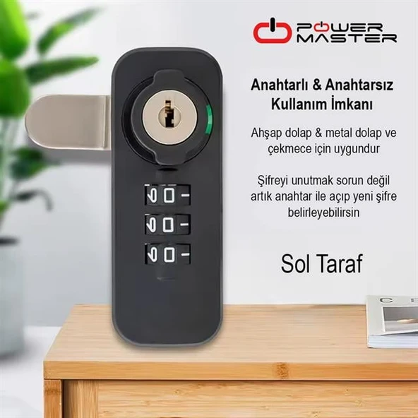 Powermaster PM-26725 3 Haneli Şifreli Ve Anahtarlı Mekanik Siyah Çekmece Dolap Kilidi (Sol) - 2
