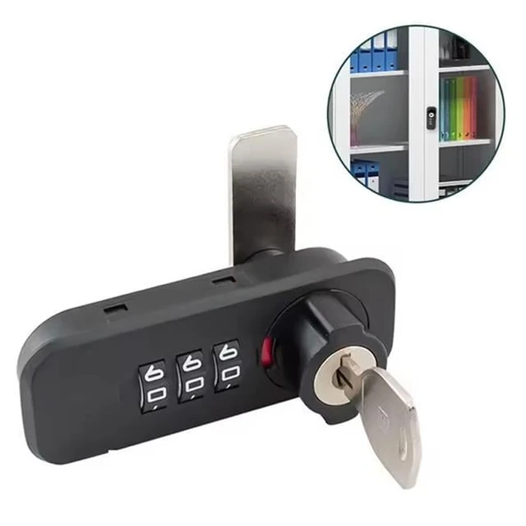 Powermaster PM-26725 3 Haneli Şifreli Ve Anahtarlı Mekanik Siyah Çekmece Dolap Kilidi (Sol)