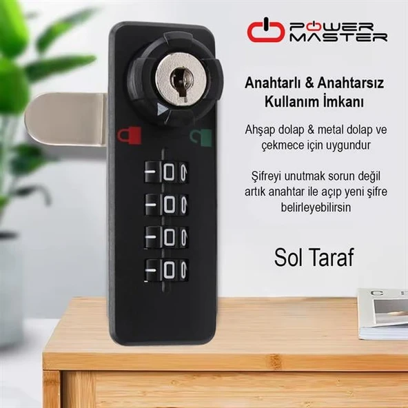 Powermaster PM-26731 4 Haneli Şifreli Ve Anahtarlı Mekanik Siyah Çekmece Dolap Kilidi (Sol) - 3