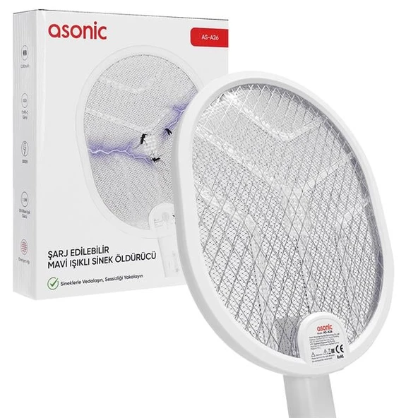 Asonic AS-A26 1200Mah 3000V Çıkış UV Işıklı Şarjli Katlanabilir Askılı Raket Sinek Öldürücü - 3