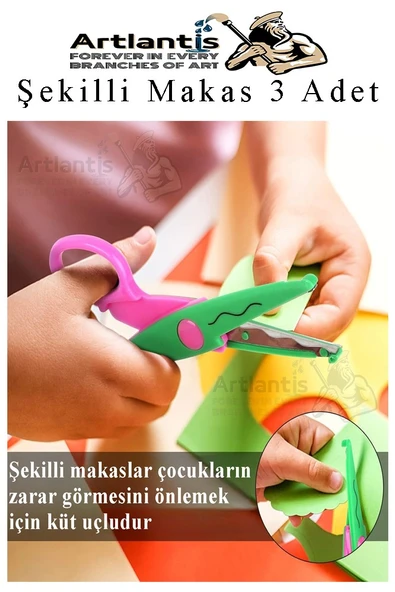 Şekilli Makas Metal Plastik Kaplamalı 3 lü 1 Paket Desenli Tırtıklı Şekilli Kesen Makas Seti Güvenli Çocuk Okul Öncesi - 2