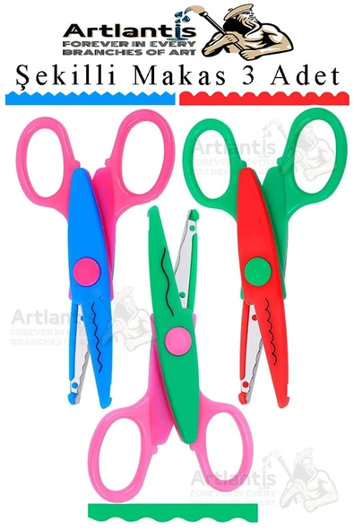 Şekilli Makas Metal Plastik Kaplamalı 3 lü 1 Paket Desenli Tırtıklı Şekilli Kesen Makas Seti Güvenli Çocuk Okul Öncesi