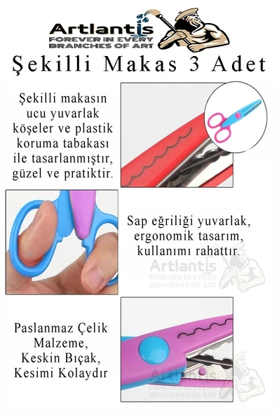 Şekilli Makas Metal Plastik Kaplamalı 3 lü 1 Paket Desenli Tırtıklı Şekilli Kesen Makas Seti Güvenli Çocuk Okul Öncesi - 3