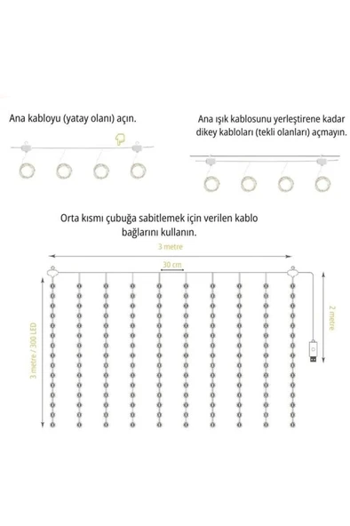 Lw-7 300 Ledli 10 Sarkıt Perde Led Işık, 8 Modlu Uzaktan Kumandalı, 3x3 Metre Peri Telli Led - 3
