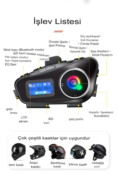 Q58-max Radyolu 2 Kişi Bağlantılı Bluetooth Kask Kulaklık Ekranlı Fenerli Müzik Ve Telsiz Intercom - 2