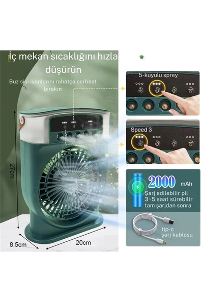 Şarjlı 600 Ml Su Hazneli Taşınabilir Masaüstü Vanilatör Güçlü Fan Ve 2000 Mah Pil Yeşil - 3